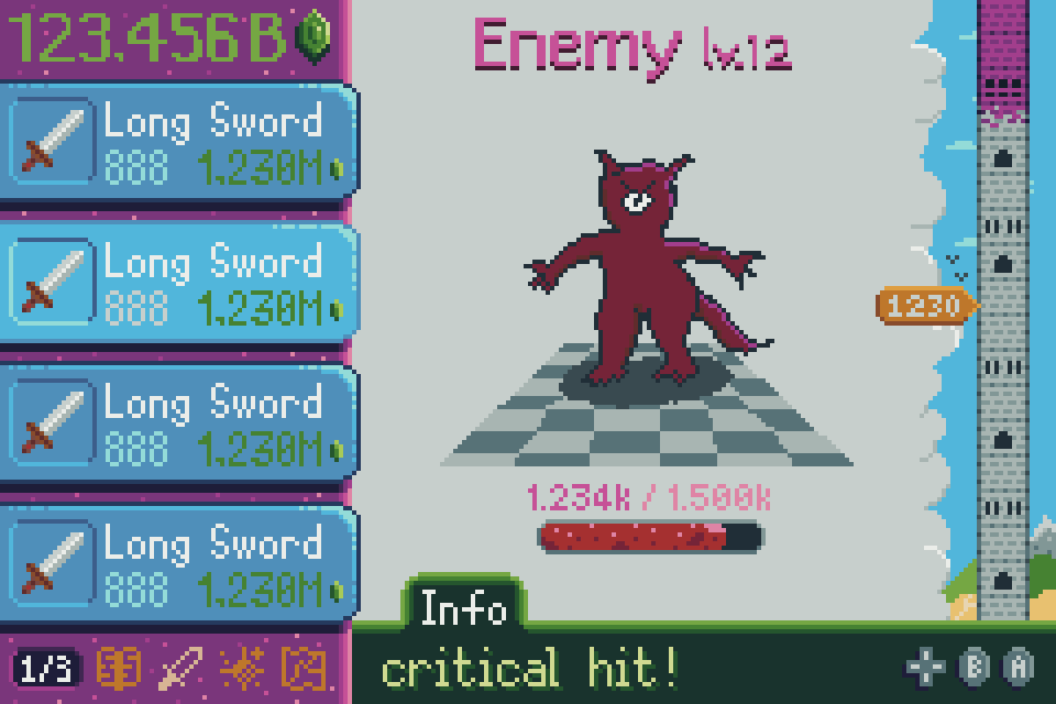 pixel art example of a mockup of a 'Clicker Heroes'-like GBA game screen